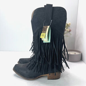 Roper Smooth Fringe Western Cowboy Boots Faux Leather Black Women's 5.5 NWOB